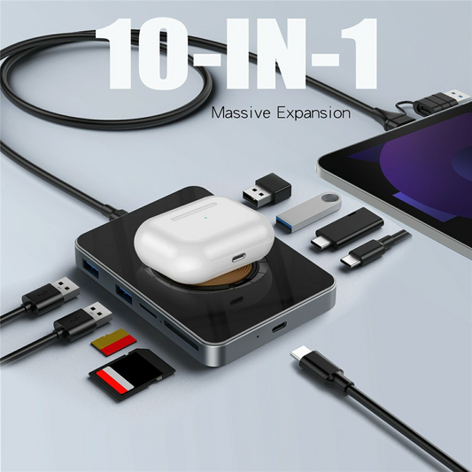 Hub USB-C con Ricarica Wireless QI OEM YC7209, 10in1, Grigio