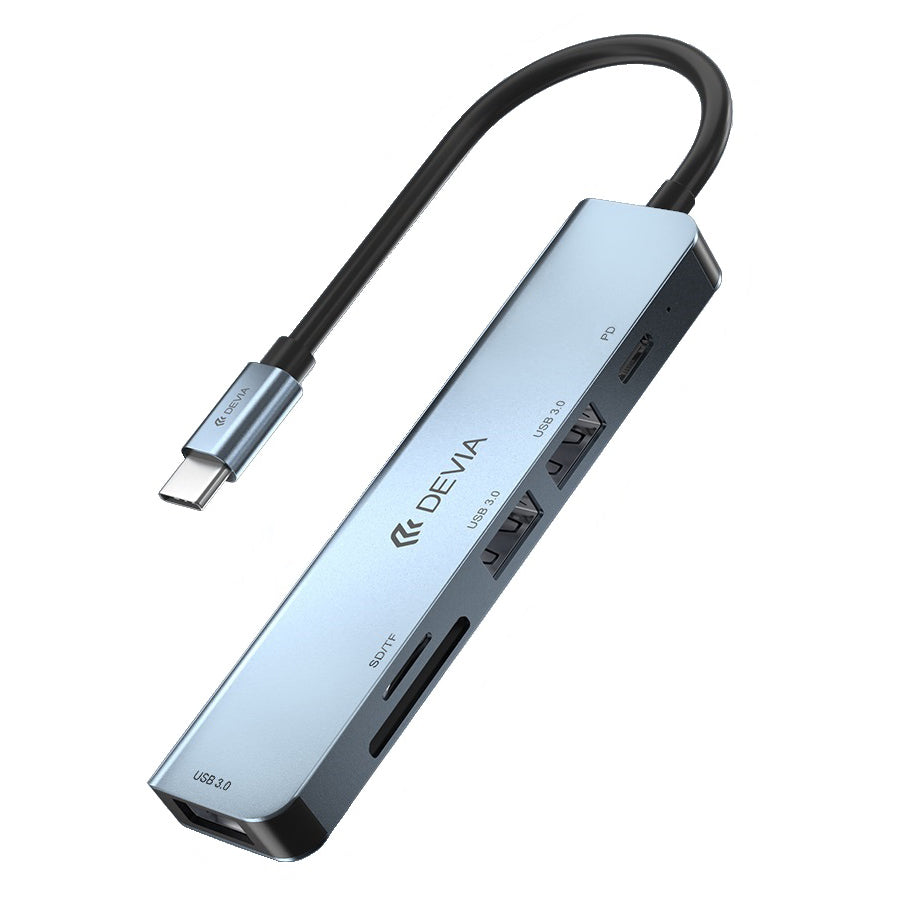 Hub USB-C DEVIA EC135, 3 x USB-A 3.0 - 1 x USB-C - 1 x SD - 1 x microSD, grigio