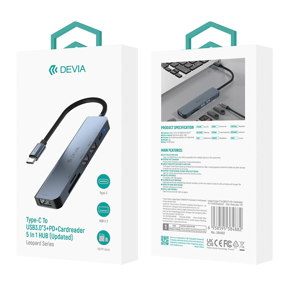 Hub USB-C DEVIA EC135, 3 x USB-A 3.0 - 1 x USB-C - 1 x SD - 1 x microSD, grigio