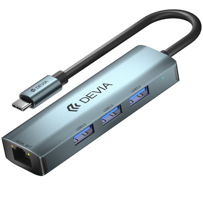 Hub USB-C DEVIA EC621, 3 x USB-A 3.0 - 1 x RJ45, Grigio