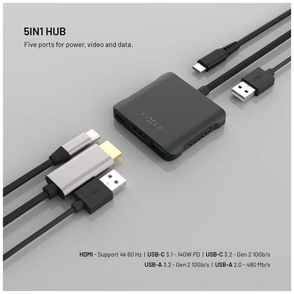 Hub USB-C Fixed Quadri, 5in1, Nero