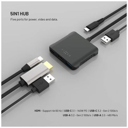 Hub USB-C Fixed Quadri, 5in1, Nero