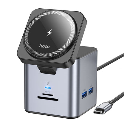 Hub USB-C HOCO HB49, 3 x USB-A 3.0 - 1 x USB-C - 1 x HDMI - 1 x RJ45 - 1 x QI - 1 x SD - 1 x microSD, grigio 