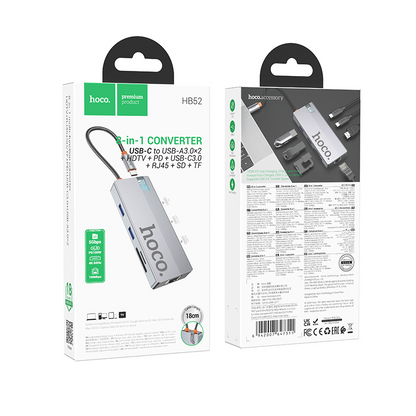 Hub USB-C HOCO HB52, 2 x USB-A 3.0 - 2 x USB-C - 1 x HDMI - 1 x RJ45 - 1 x SD - 1 x microSD, Grigio