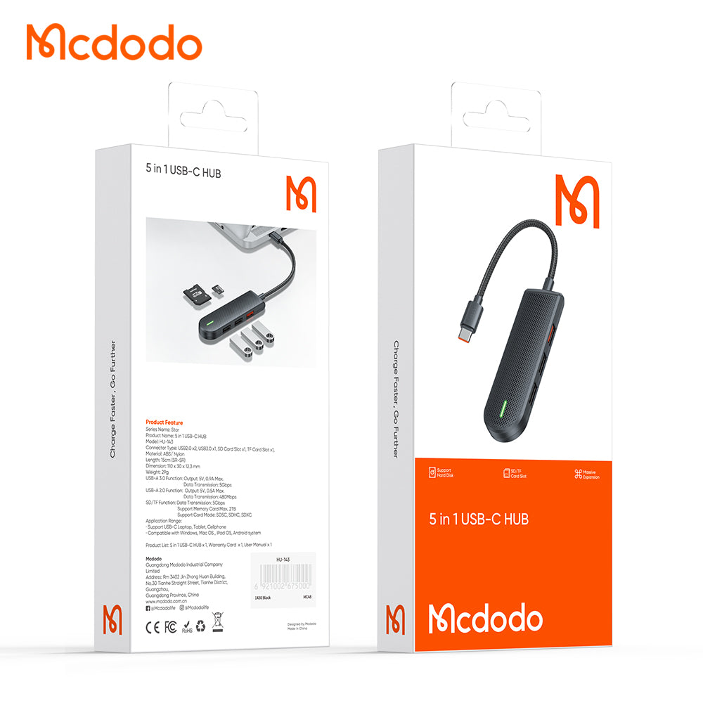 Hub USB-C McDodo HU-1430 Star, 5in1, Nero