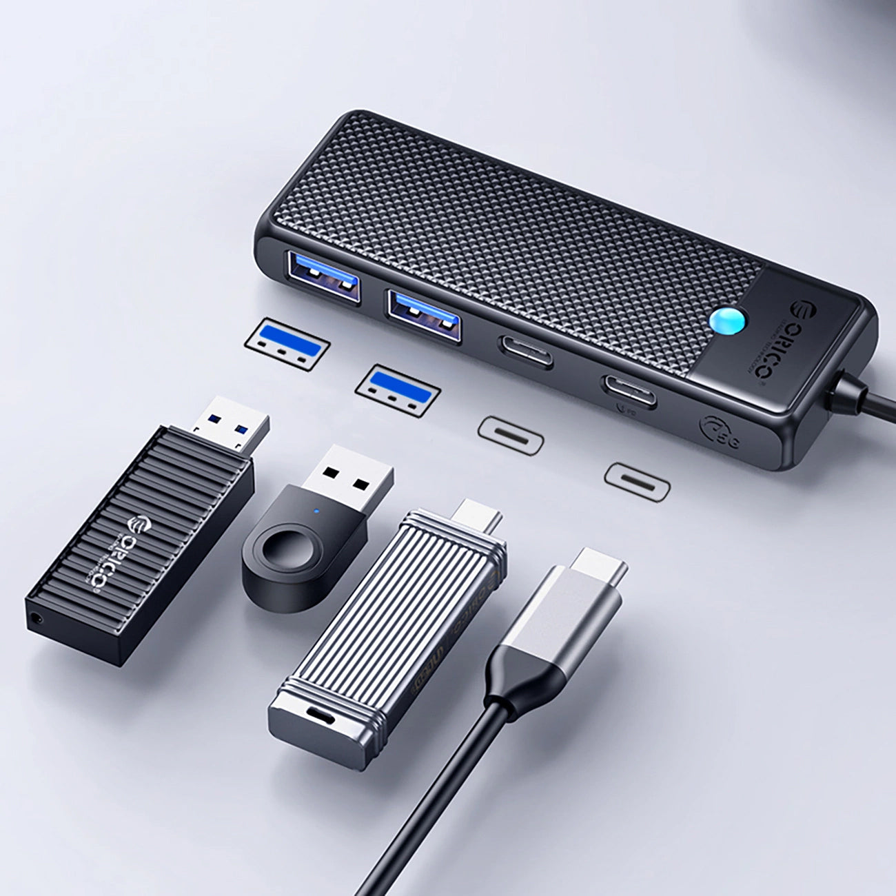 Hub USB-C Orico PAPW2AC-C3, 2 x USB-A 3.0 - 2 x USB-C, Nero