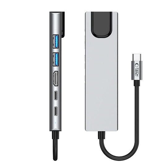Hub USB-C Tech-Protect HB02, 1 x USB-A 3.0 - 1 x USB-A - 2 x USB-C - 1 x HDMI - 1 x RJ45, Grigio