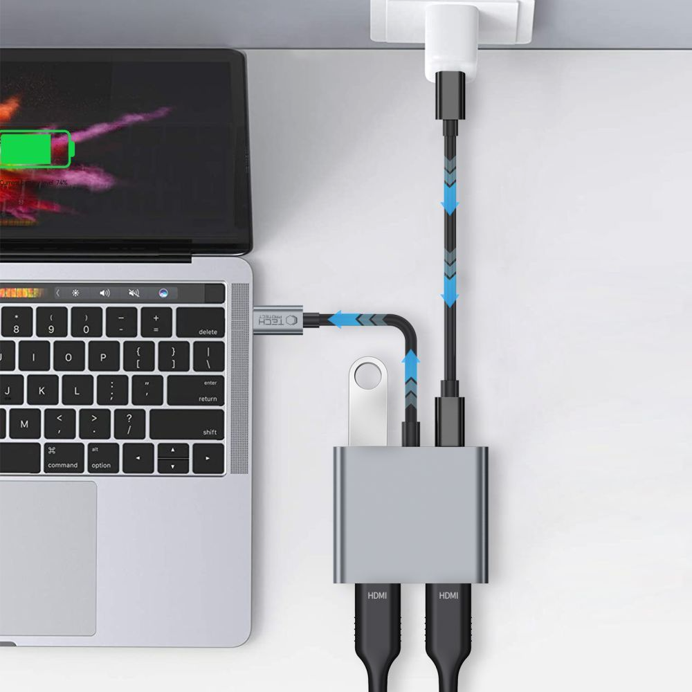Hub USB-C Tech-Protect HB08, 1 x USB-A - 1 x USB-C - 2 x HDMI, Grigio