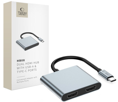 Hub USB-C Tech-Protect HB08, 1 x USB-A - 1 x USB-C - 2 x HDMI, Grigio