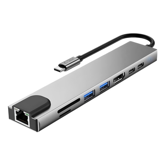 Hub USB-C Tech-Protect HB09, 2 x USB-A 3.0 - 2 x USB-C - 1 x HDMI - 1 x RJ45 - 1 x SD - 1 x microSD, Grigio