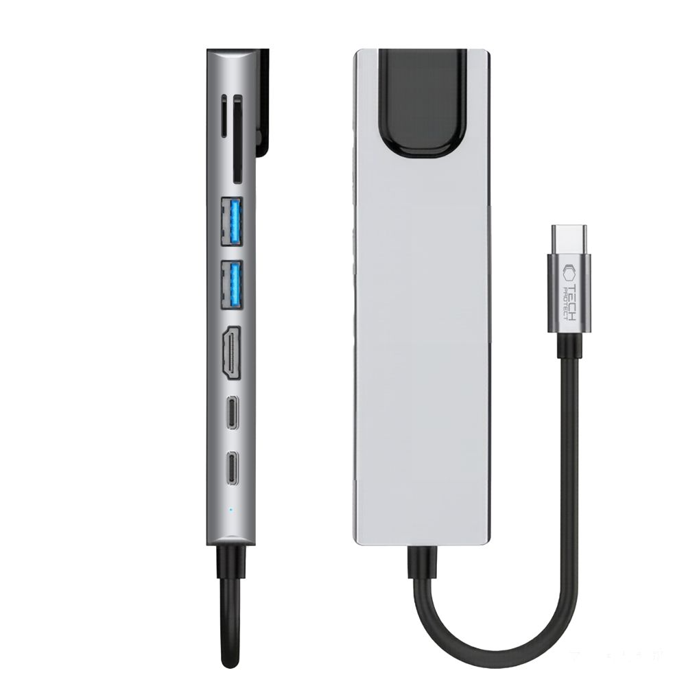 Tech-Protect HB09 USB-C Hub, 2 x USB-A 3.0 - 2 x USB-C - 1 x HDMI - 1 x RJ45 - 1 x SD - 1 x microSD, Gray