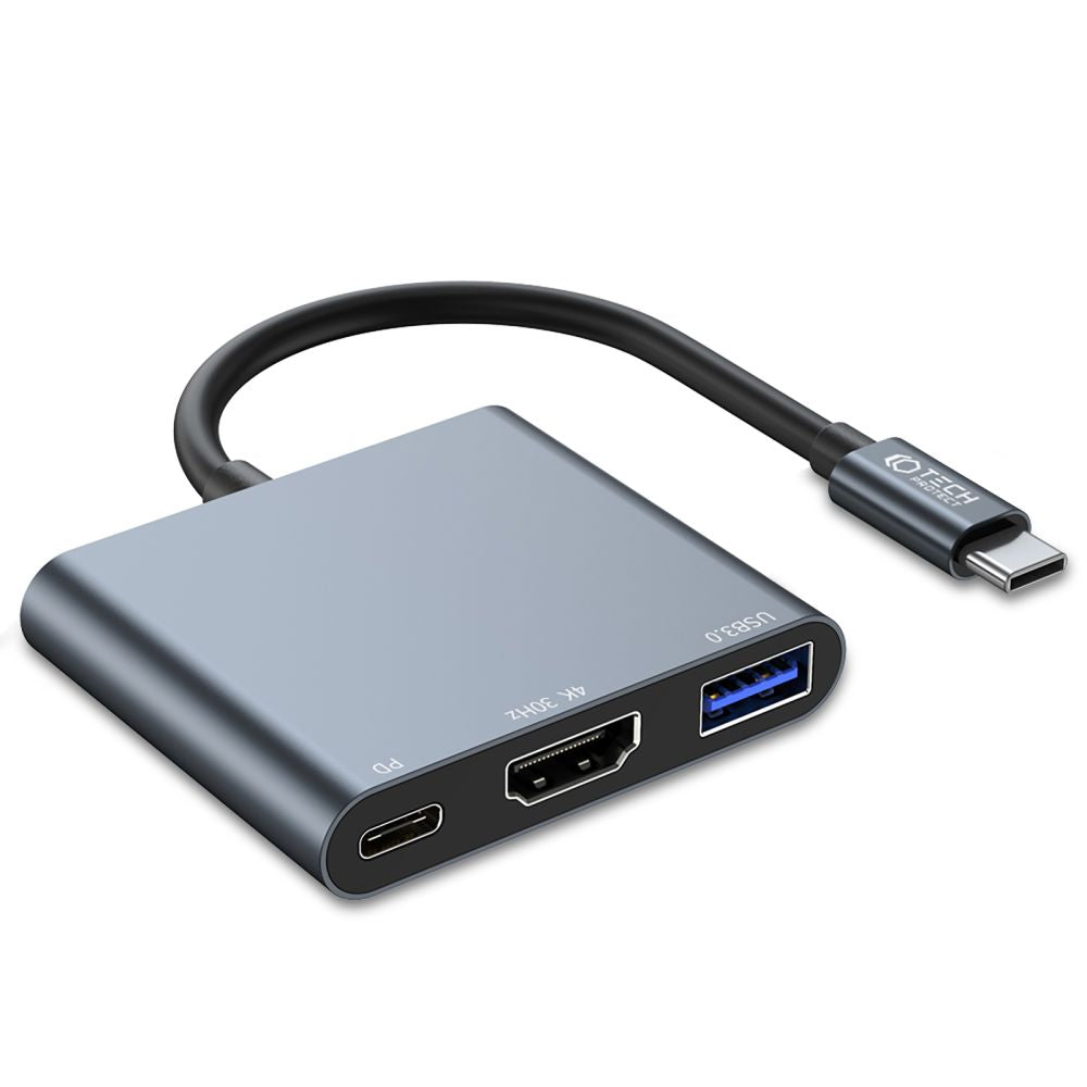 Hub USB-C Tech-Protect V1, USB-A 3.0 - 1 x USB-C - 1 x HDMI, grigio