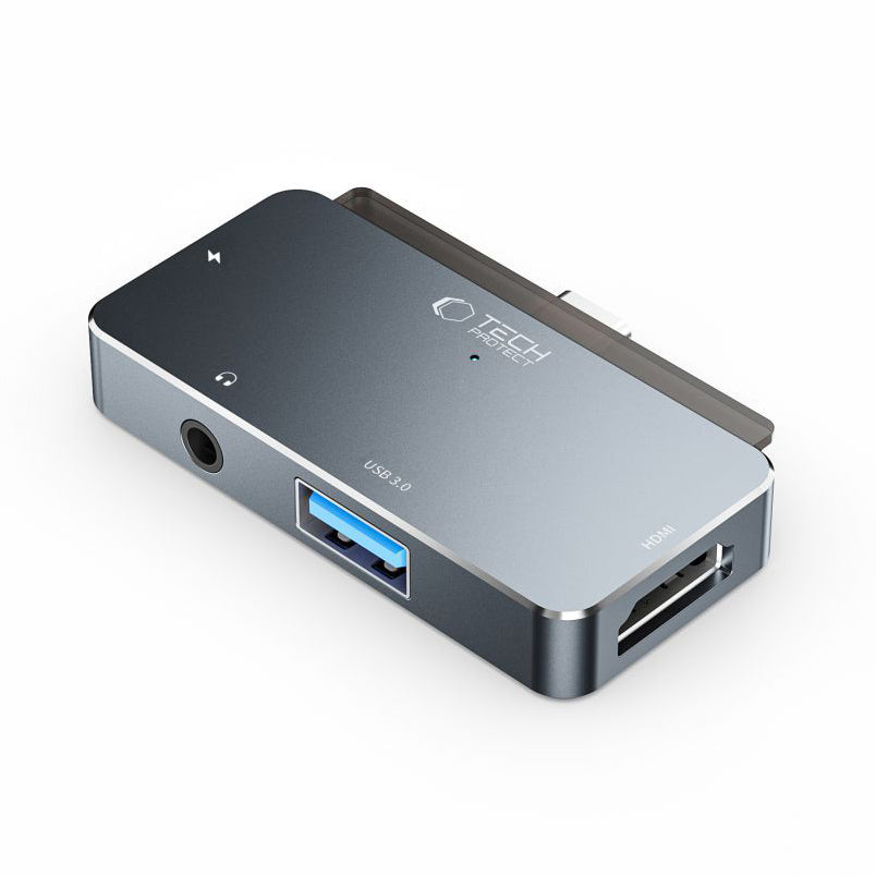 Hub USB-C Tech-Protect V6, 1 x USB-A - 1 x USB-C - 1 x HDMI - 1 x jack da 3,5 mm, grigio 