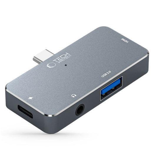 Hub USB-C Tech-Protect V6, 1 x USB-A - 1 x USB-C - 1 x HDMI - 1 x jack da 3,5 mm, grigio