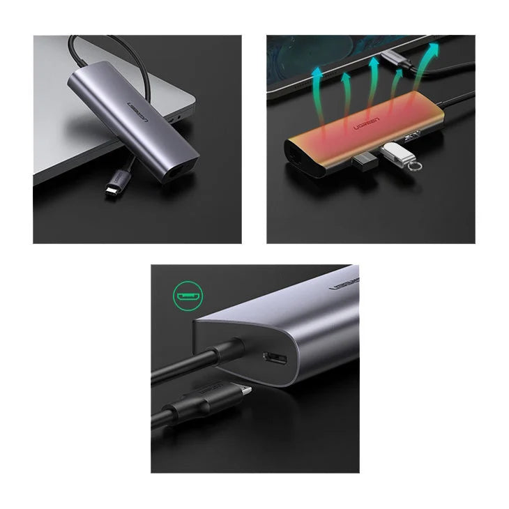 Hub USB-C UGREEN CM252, 3 x USB-A 3.0 - 1 x USB-C - RJ45, Grigio