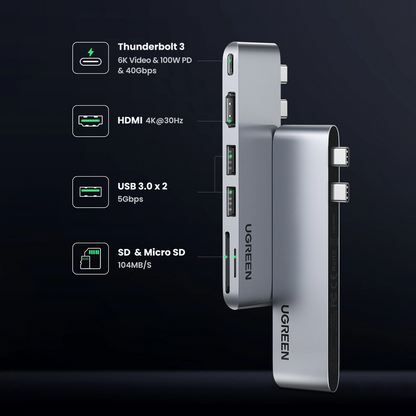 UGREEN CM380 USB-C Hub (80856) for Apple MacBook Pro / Air Series, 2 x USB-A 3.0 - 1 x USB-C - 1 x HDMI - 1 x SD - 1 x microSD