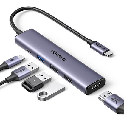 Hub USB-C UGREEN CM478, 1 x USB-A 3.0 - 2 x USB-A - 1 x USB-C - 1 x HDMI, Grigio Ricondizionato