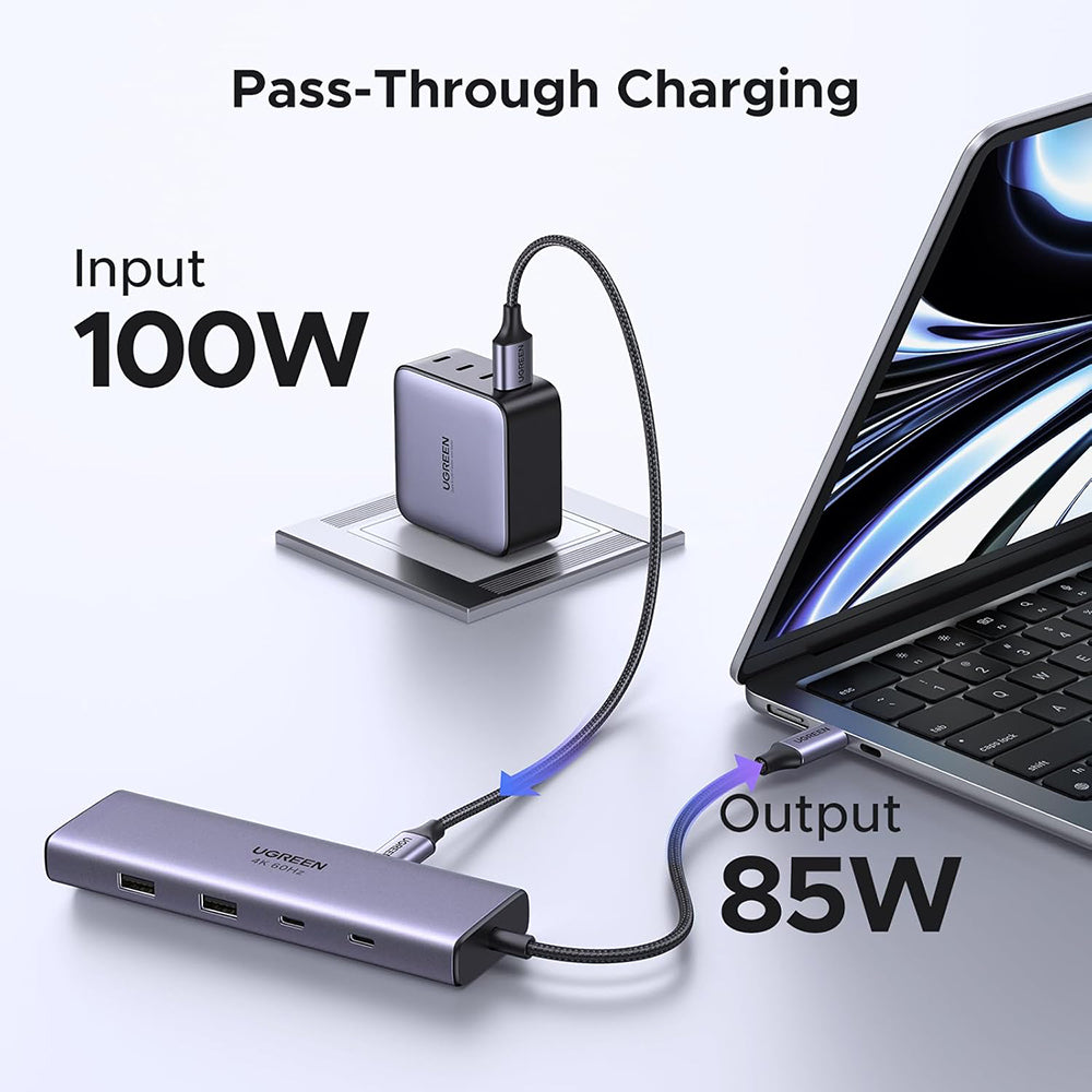 Hub USB-C UGREEN CM498 (15375), 2 x USB-A - 3 x USB-C - 1 x HDMI - 1 x RJ45 - 1 x SD - 1 x microSD, Grigio