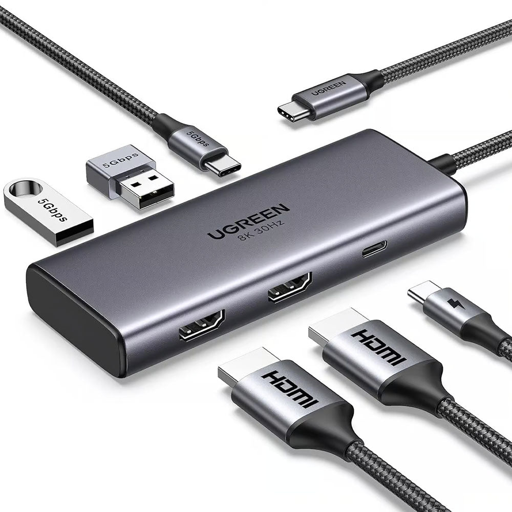 Hub USB-C UGREEN CM498 (15852), 2 x USB-A 3.0 - 2 x USB-C - 2 x HDMI, Grigio
