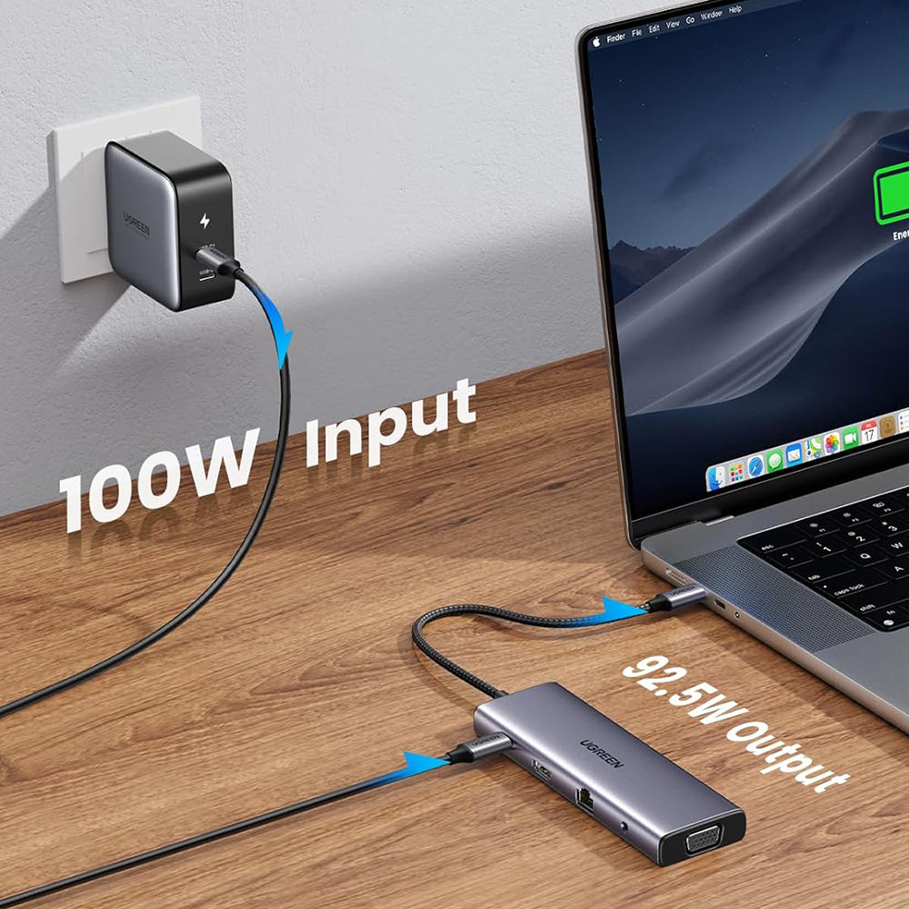 Hub USB-C UGREEN CM498 (15601), 3 x USB-A 3.0 - 1 x USB-C - 1 x HDMI - 1 x VGA - 1 x Jack 3.5mm - 1 x RJ45 - 1 x SD - 1 x microSD, Grigio