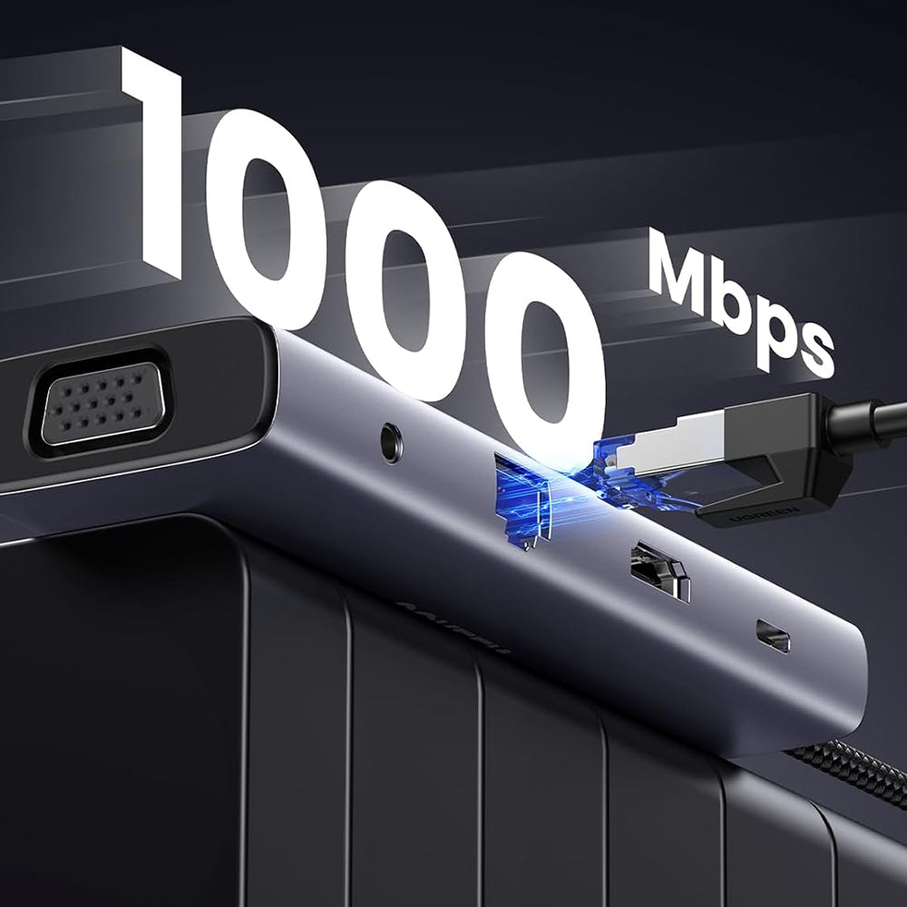 Hub USB-C UGREEN CM498 (15601), 3 x USB-A 3.0 - 1 x USB-C - 1 x HDMI - 1 x VGA - 1 x Jack 3.5mm - 1 x RJ45 - 1 x SD - 1 x microSD, Grigio