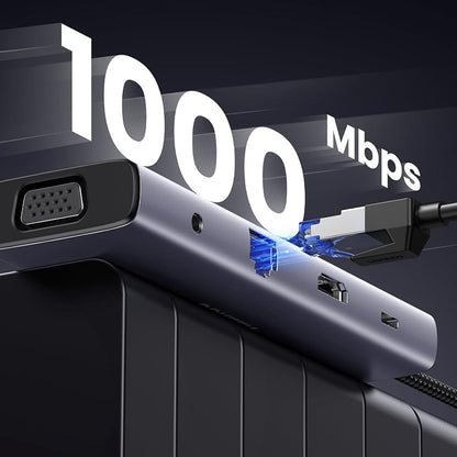 Hub USB-C UGREEN CM498 (15601), 3 x USB-A 3.0 - 1 x USB-C - 1 x HDMI - 1 x VGA - 1 x Jack 3.5mm - 1 x RJ45 - 1 x SD - 1 x microSD, Grigio