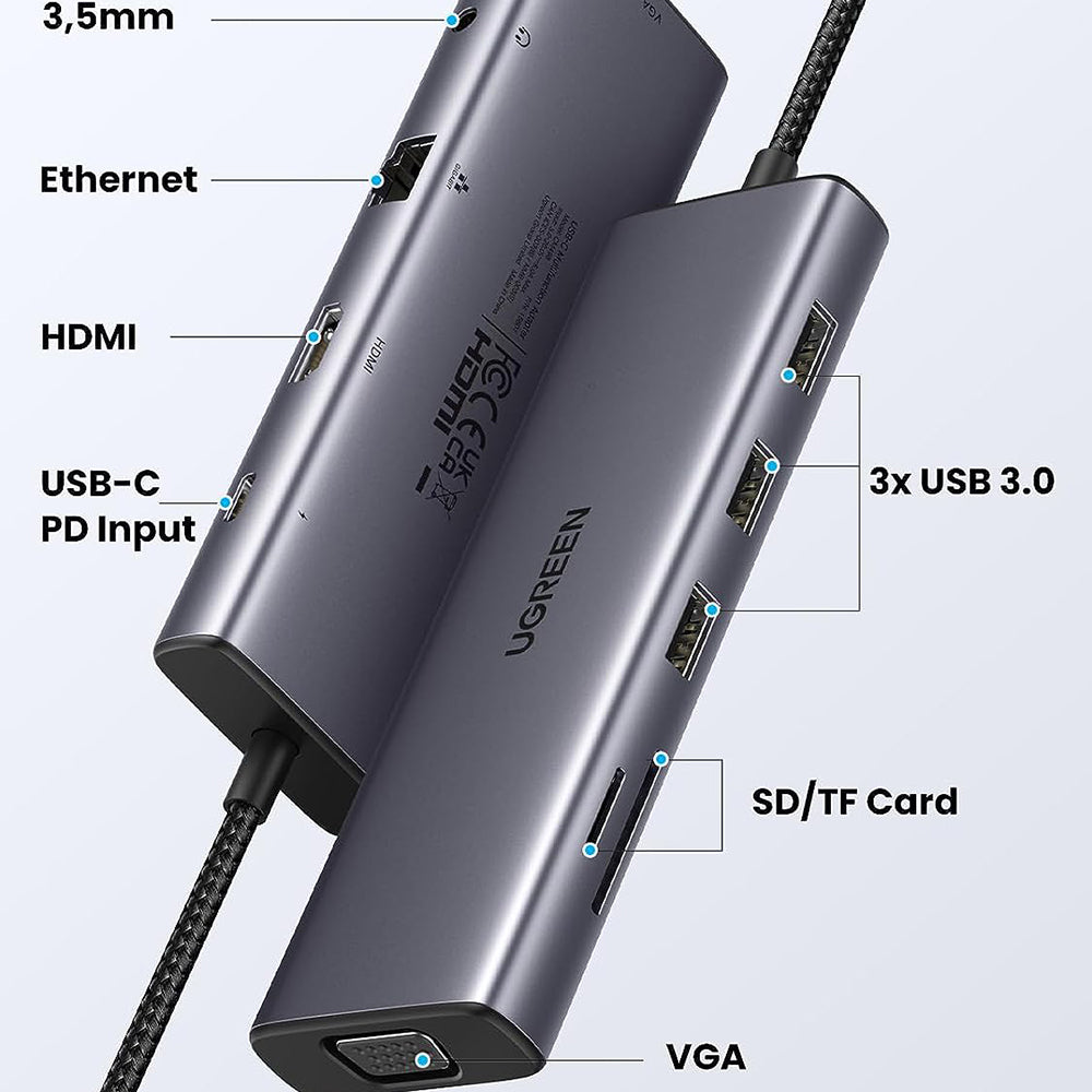 Hub USB-C UGREEN CM498 (15601), 3 x USB-A 3.0 - 1 x USB-C - 1 x HDMI - 1 x VGA - 1 x Jack 3.5mm - 1 x RJ45 - 1 x SD - 1 x microSD, Grigio