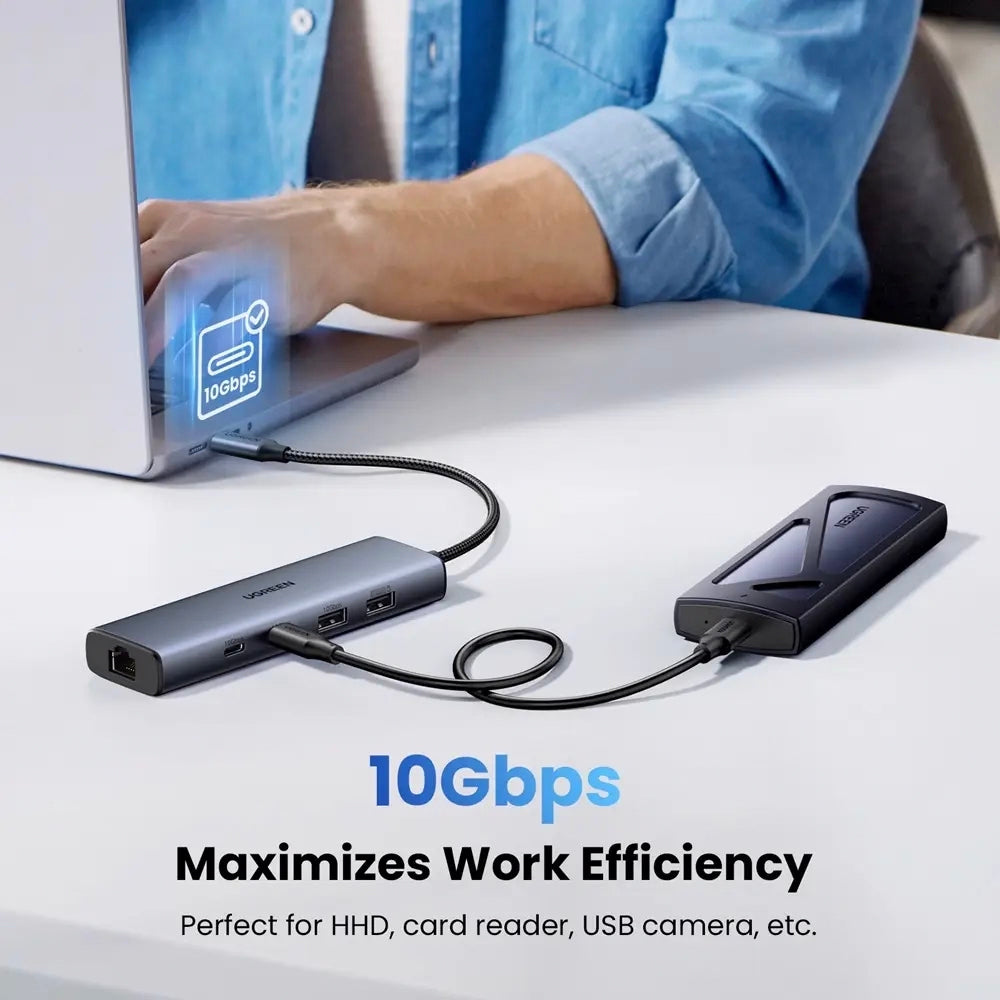 Hub USB-C UGREEN CM512, 1 x USB-A 3.2 - 1 x USB-A - 3 x USB-C - 1 x RJ45, Grigio