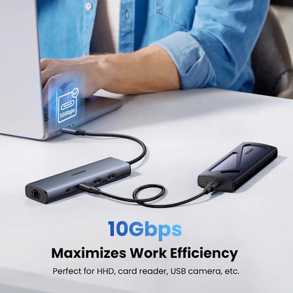 Hub USB-C UGREEN CM512, 1 x USB-A 3.2 - 1 x USB-A - 3 x USB-C - 1 x RJ45, Grigio