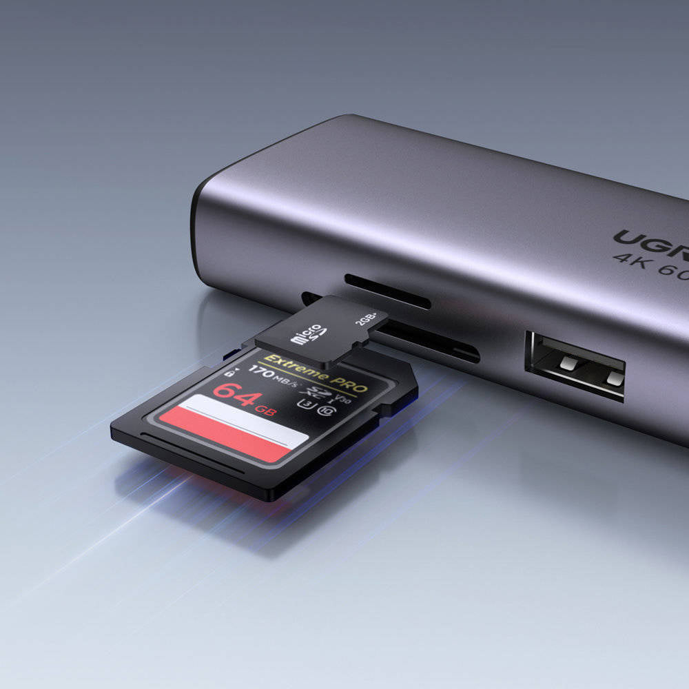 Hub USB-C UGREEN CM512 (60515), 2 x USB-A 3.0 - 1 x USB-C - 1 x HDMI - 1 x SD - 1 x microSD - 1 x RJ45, Grigio