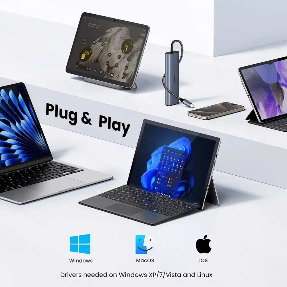 Hub USB-C UGREEN CM512, 1 x USB-A 3.2 - 1 x USB-A - 3 x USB-C - 1 x RJ45, Grigio