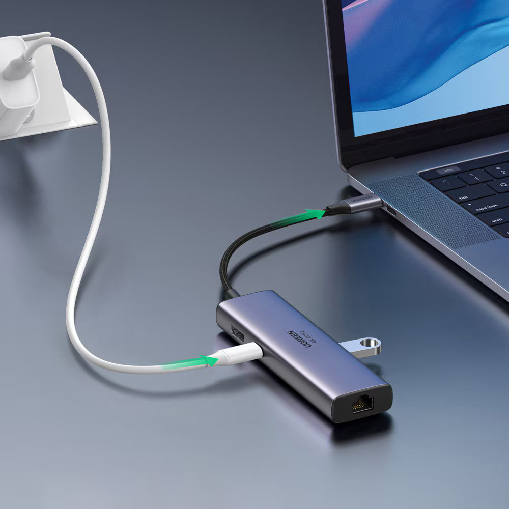 Hub USB-C UGREEN CM512 (60515), 2 x USB-A 3.0 - 1 x USB-C - 1 x HDMI - 1 x SD - 1 x microSD - 1 x RJ45, Grigio