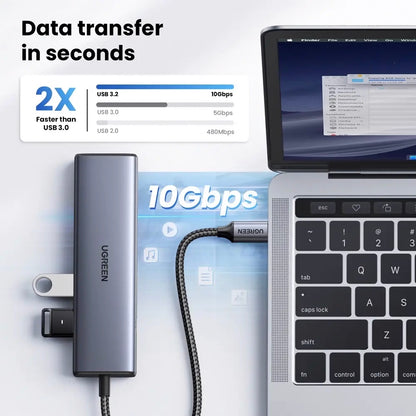 Hub USB-C UGREEN CM512, 1 x USB-A 3.2 - 1 x USB-A - 3 x USB-C - 1 x RJ45, Grigio