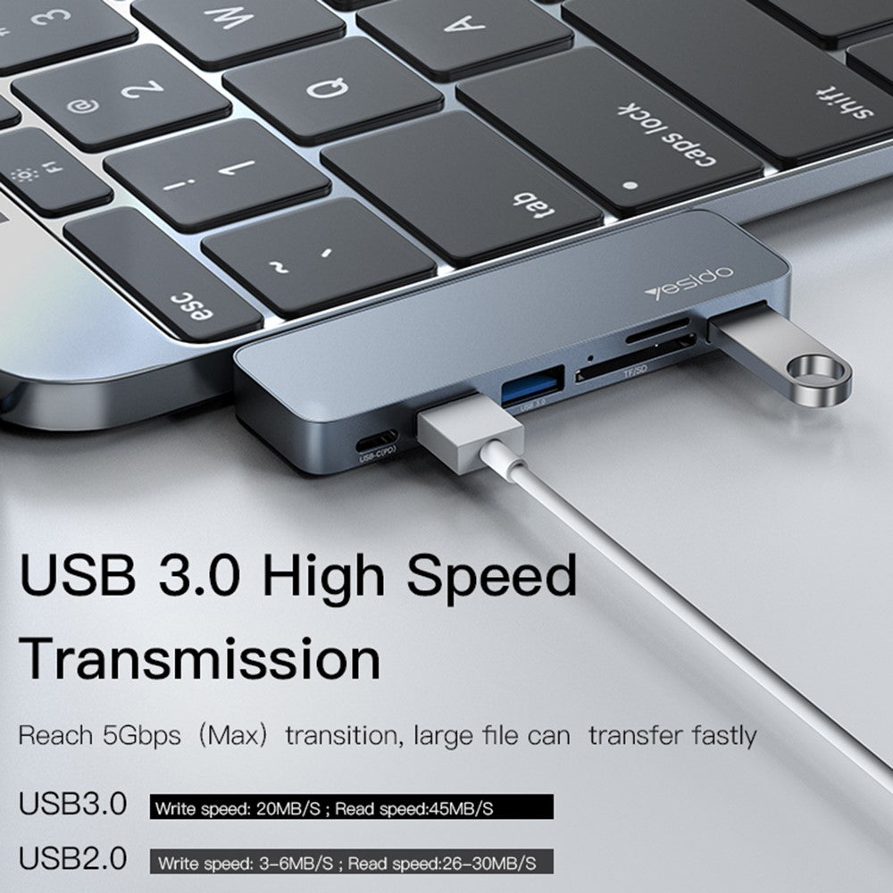 Hub USB-C Yesido HB10 per Apple MacBook Pro / Air, 6in1, Grigio
