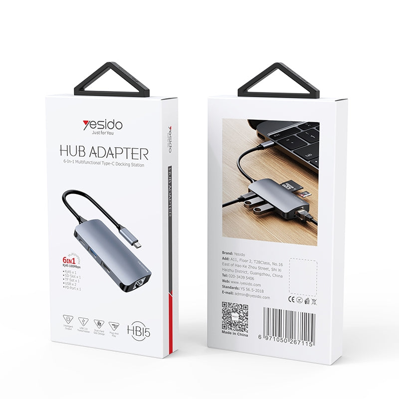 Hub USB-C Yesido HB15, 6in1, Grigio