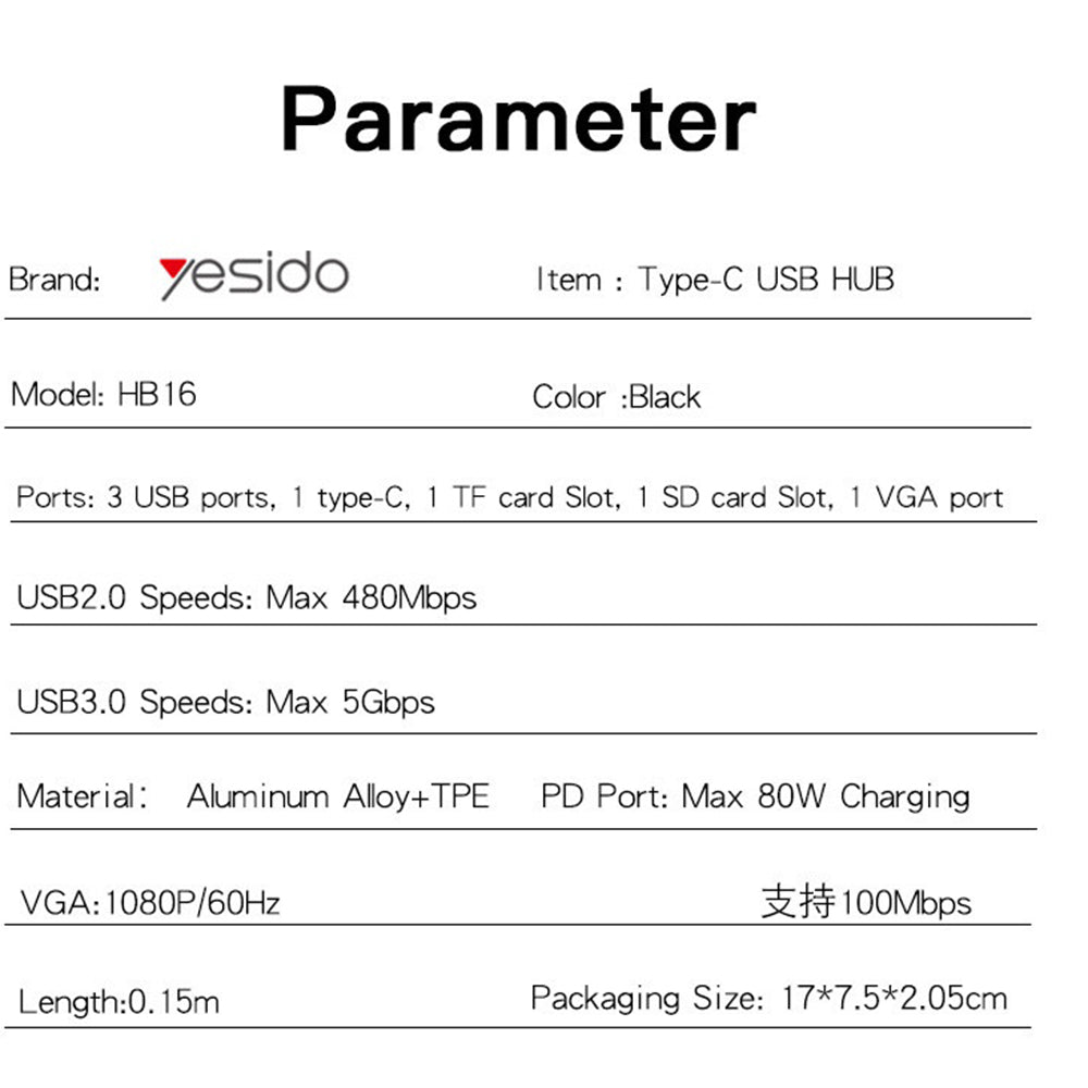 Hub USB-C Yesido HB16, 7in1, Grigio