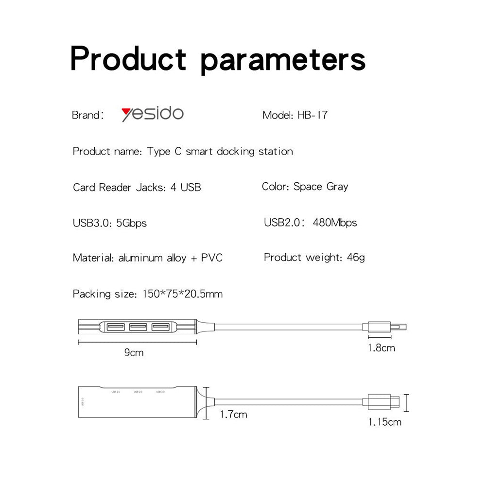 Hub USB-C Yesido HB17, 4in1, Grigio