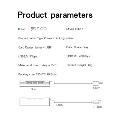 Hub USB-C Yesido HB17, 4in1, Grigio