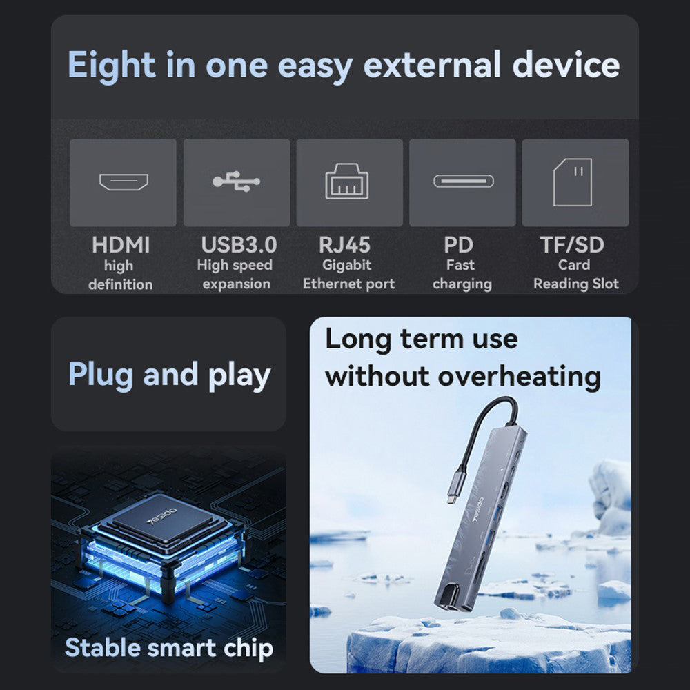 Hub USB-C Yesido HB27, 8in1, Grigio