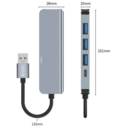 Hub USB Tech-Protect V0, 3 x USB-A 3.0 - 1 x USB-A - 1 x USB-C, grigio