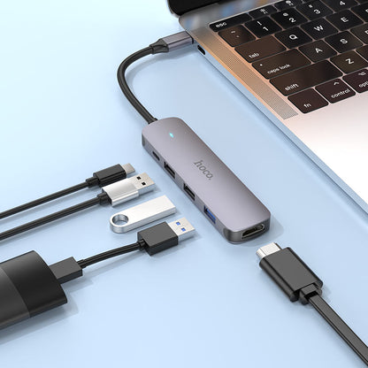 Hub USB-C HOCO HB27, USB-A 3.0 - 2 x USB-A - USB-C - HDMI, Grigio