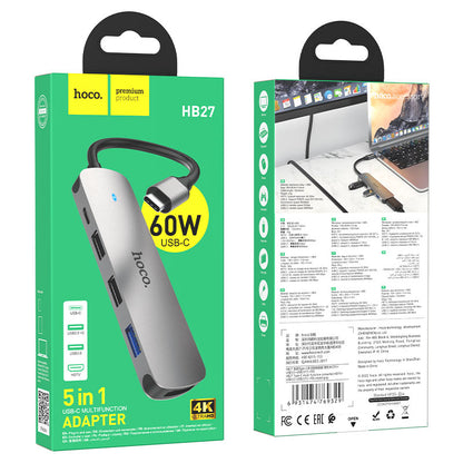 Hub USB-C HOCO HB27, USB-A 3.0 - 2 x USB-A - USB-C - HDMI, Grigio