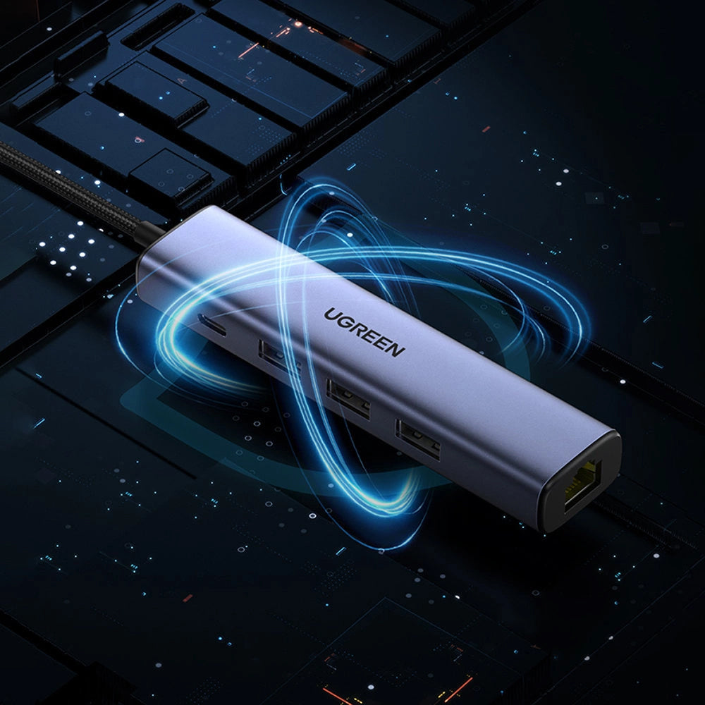 Hub USB UGREEN CM475, 3 x USB-A 3.0 - 1 x USB-C - 1 x RJ45, Grigio