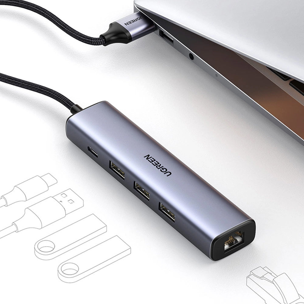 Hub USB UGREEN CM475, 3 x USB-A 3.0 - 1 x USB-C - 1 x RJ45, Grigio