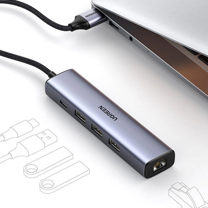 Hub USB UGREEN CM475, 3 x USB-A 3.0 - 1 x USB-C - 1 x RJ45, Grigio