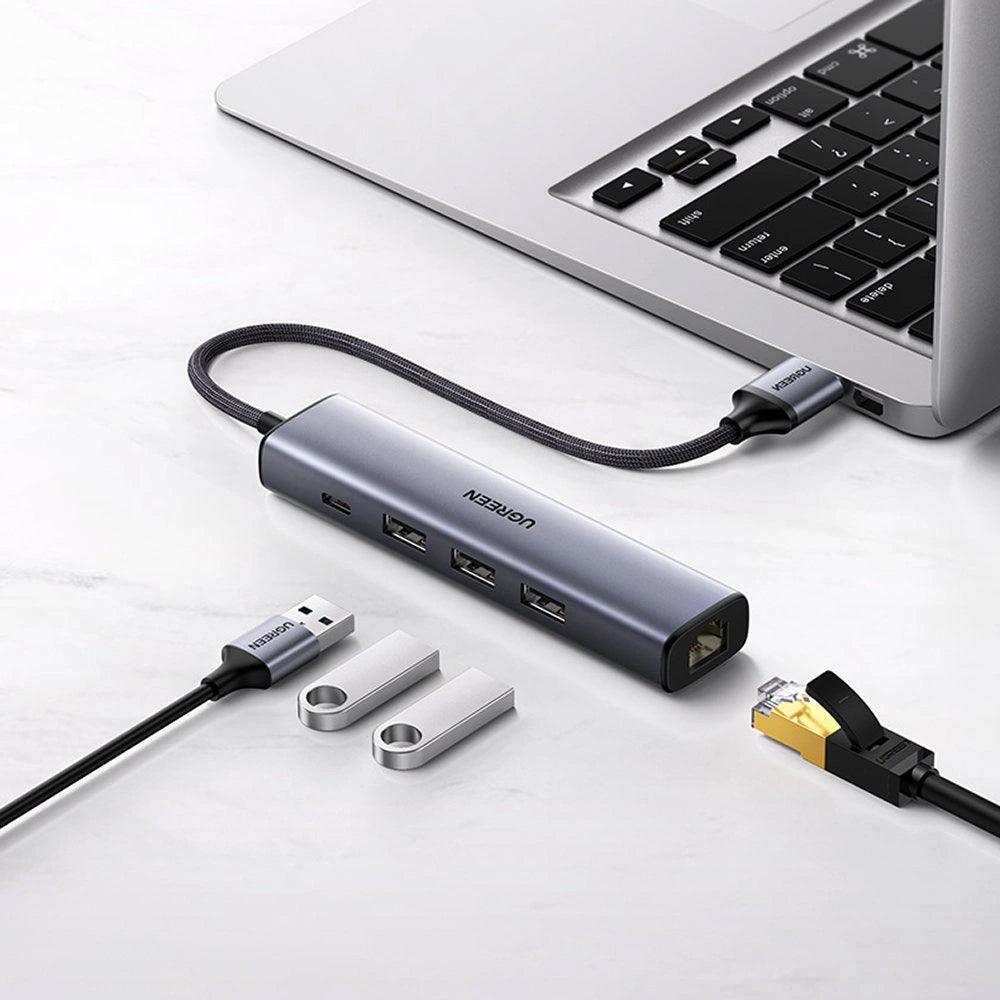 Hub USB UGREEN CM475, 3 x USB-A 3.0 - 1 x USB-C - 1 x RJ45, Grigio