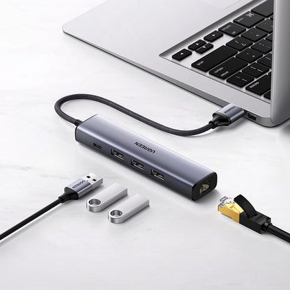 Hub USB UGREEN CM475, 3 x USB-A 3.0 - 1 x USB-C - 1 x RJ45, Grigio