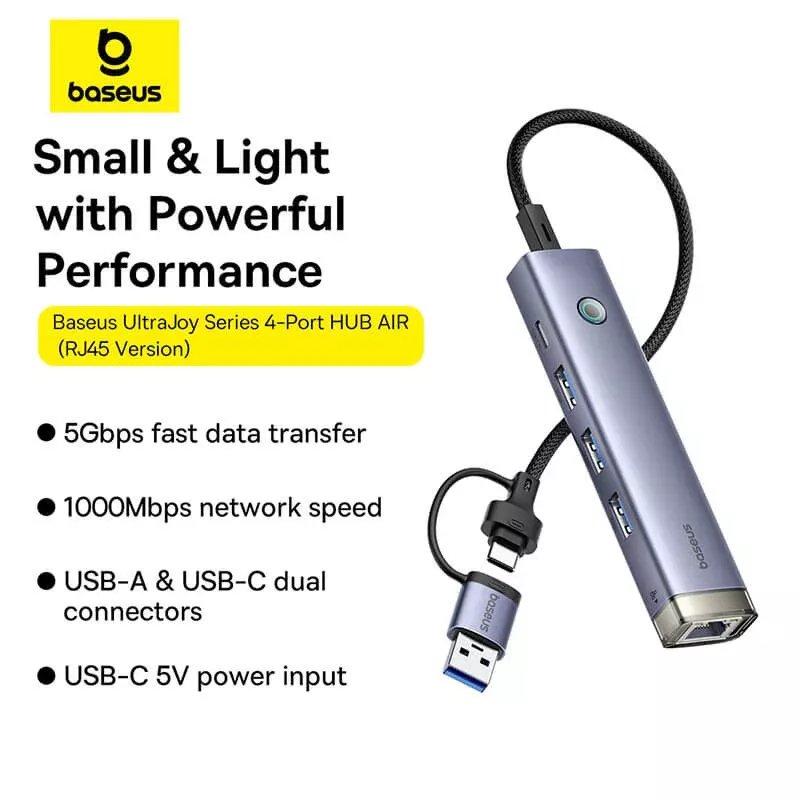 Hub USB / USB-C Baseus UltraJoy, 3 x USB-A 3.0 - 1 x USB-C - 1 x RJ45, Grigio B0005280B811-14