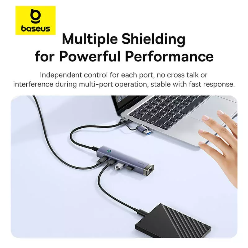 Hub USB / USB-C Baseus UltraJoy, 3 x USB-A 3.0 - 1 x USB-C - 1 x RJ45, Grigio B0005280B811-14