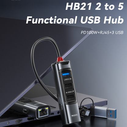 Hub USB / USB-C Yesido HB21, 5in1, Grigio
